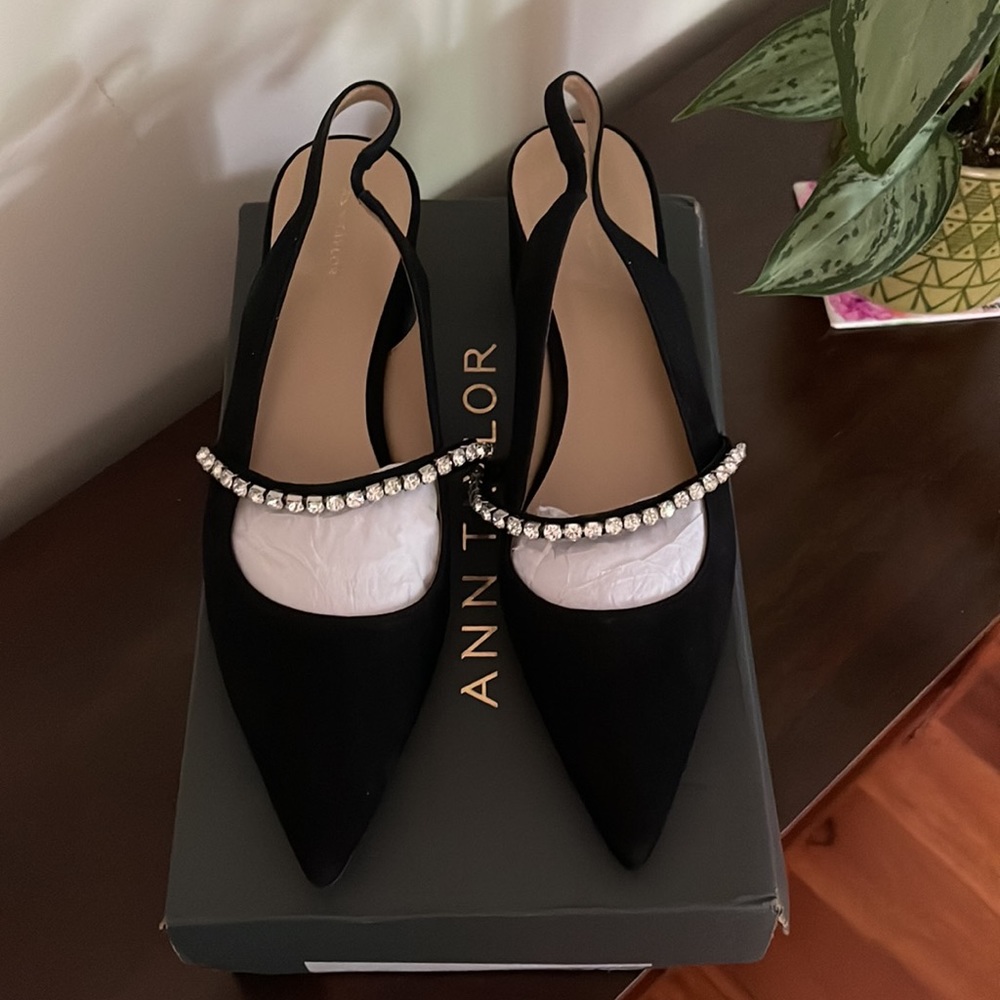 Crystal Slingback Block Heel Leather Pumps